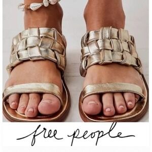 Free People Winding River Gold Woven Slide Leather Sandals Women's Size 39 US 9